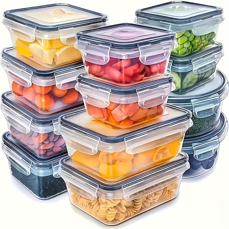 Dry Food Snacks - 4個セット 透明食品保存容器 スナップ蓋付き、果物、野菜、パスタ、乾物用、再利用可能