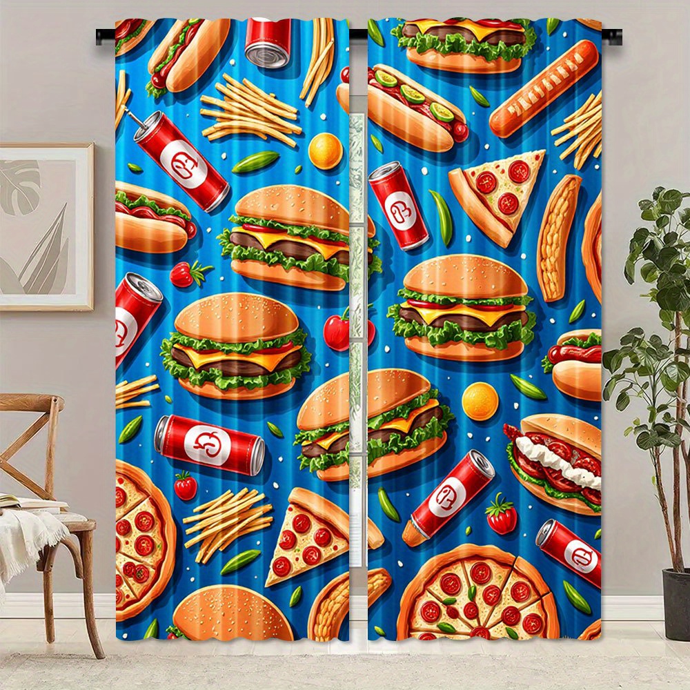 Food Snacks Background - ファーストフード バーガー ピザ カーテン 2枚パネル ホットドッグ