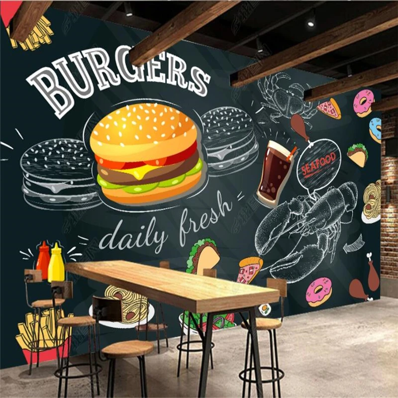 Food Snacks Background - 黒板手描きハンバーガーフライドポテト壁紙ファーストフードレストランスナックバー背景壁装飾壁画壁紙